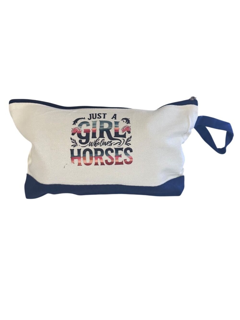 Silk Fly just a girl who loves horses blue and cream canvas zipper pouch